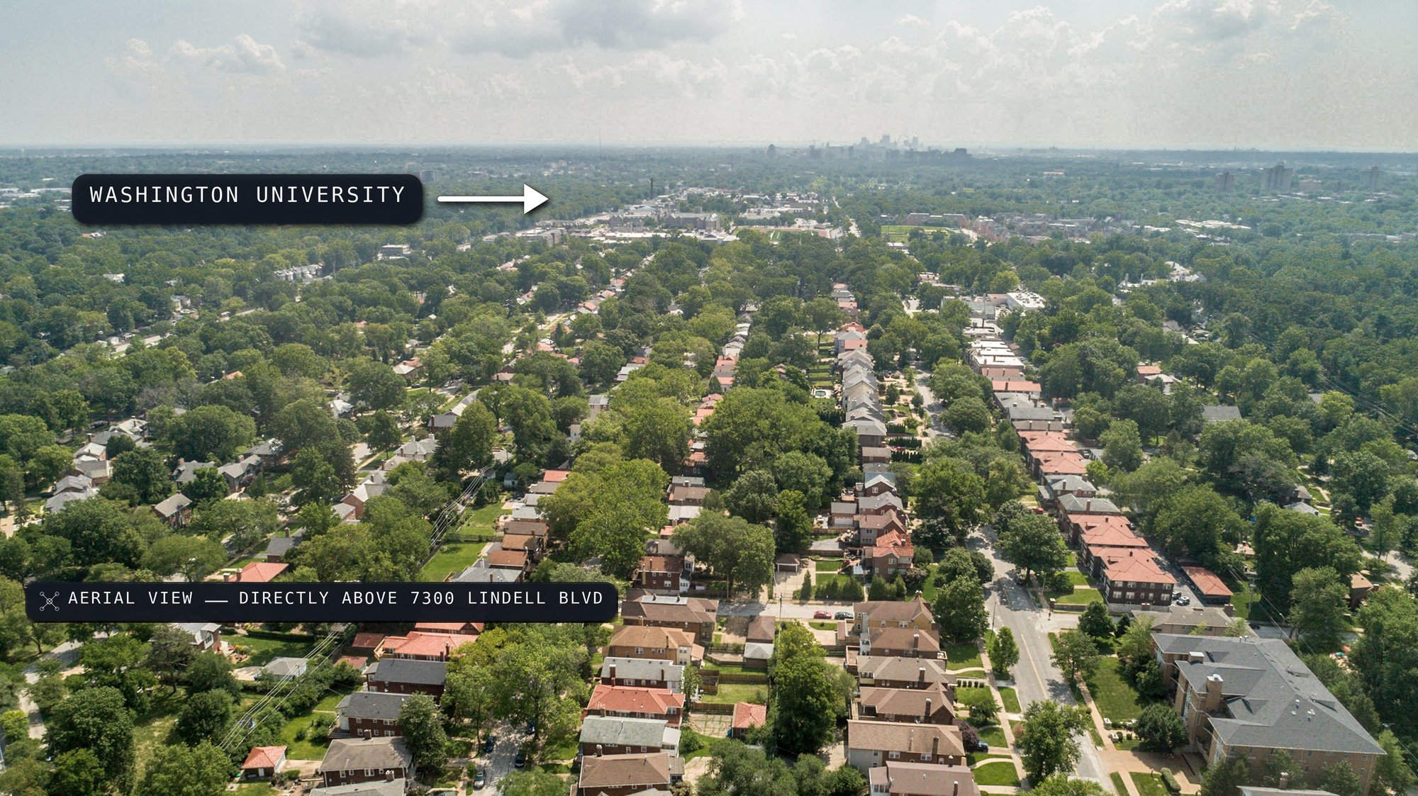 Aerial view of the neighborhood looking toward Washington University and the St. Louis skyline